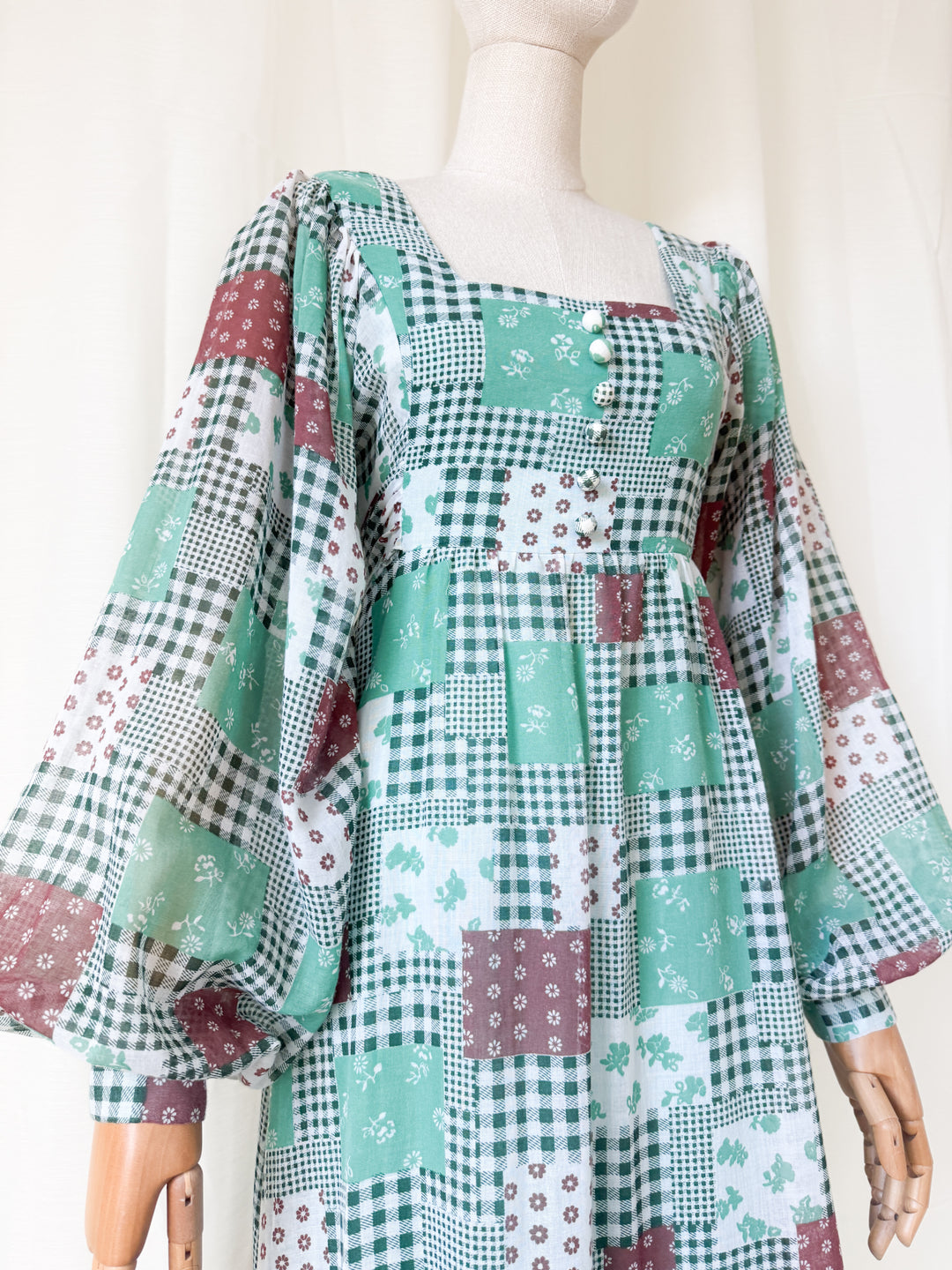 Gorgeous 1970s Billowing Sleeve Patchwork Print Cotton Maxi Dress