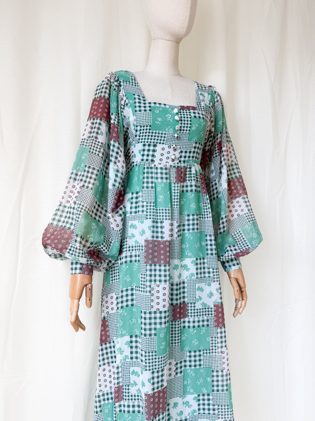 Gorgeous 1970s Billowing Sleeve Patchwork Print Cotton Maxi Dress