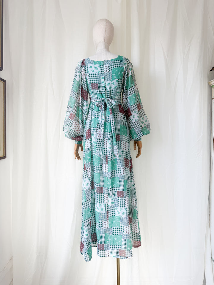 Gorgeous 1970s Billowing Sleeve Patchwork Print Cotton Maxi Dress
