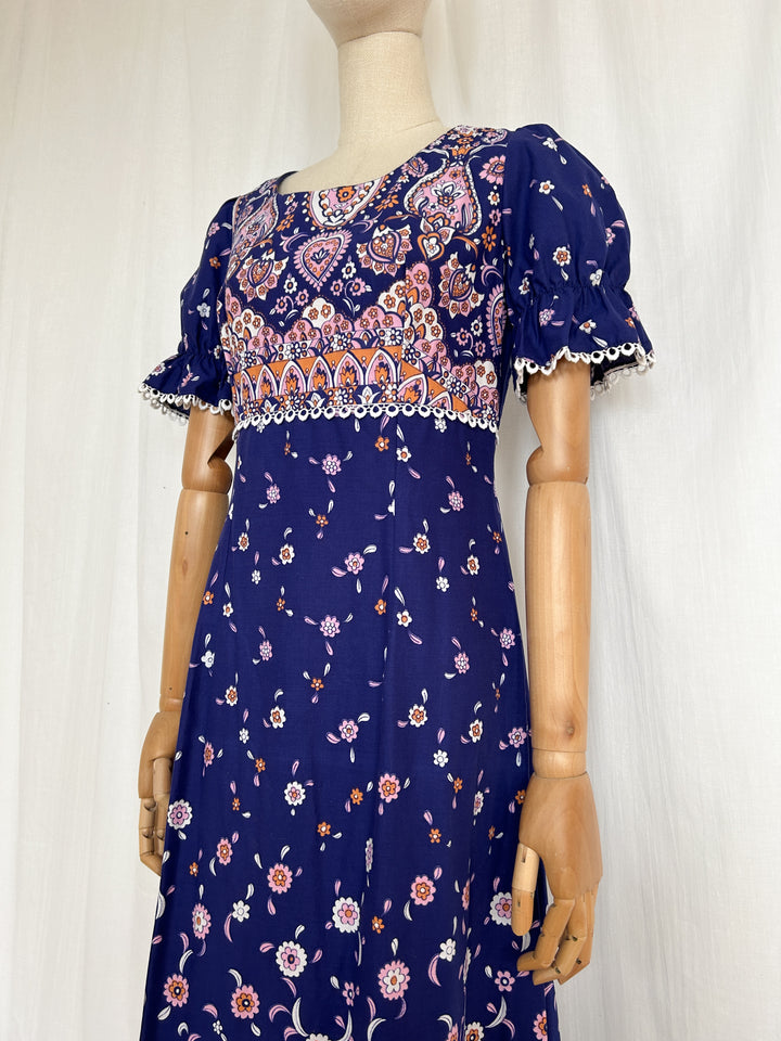 Beaut Boho Blue 70s Paisley Cotton Prairie Dress