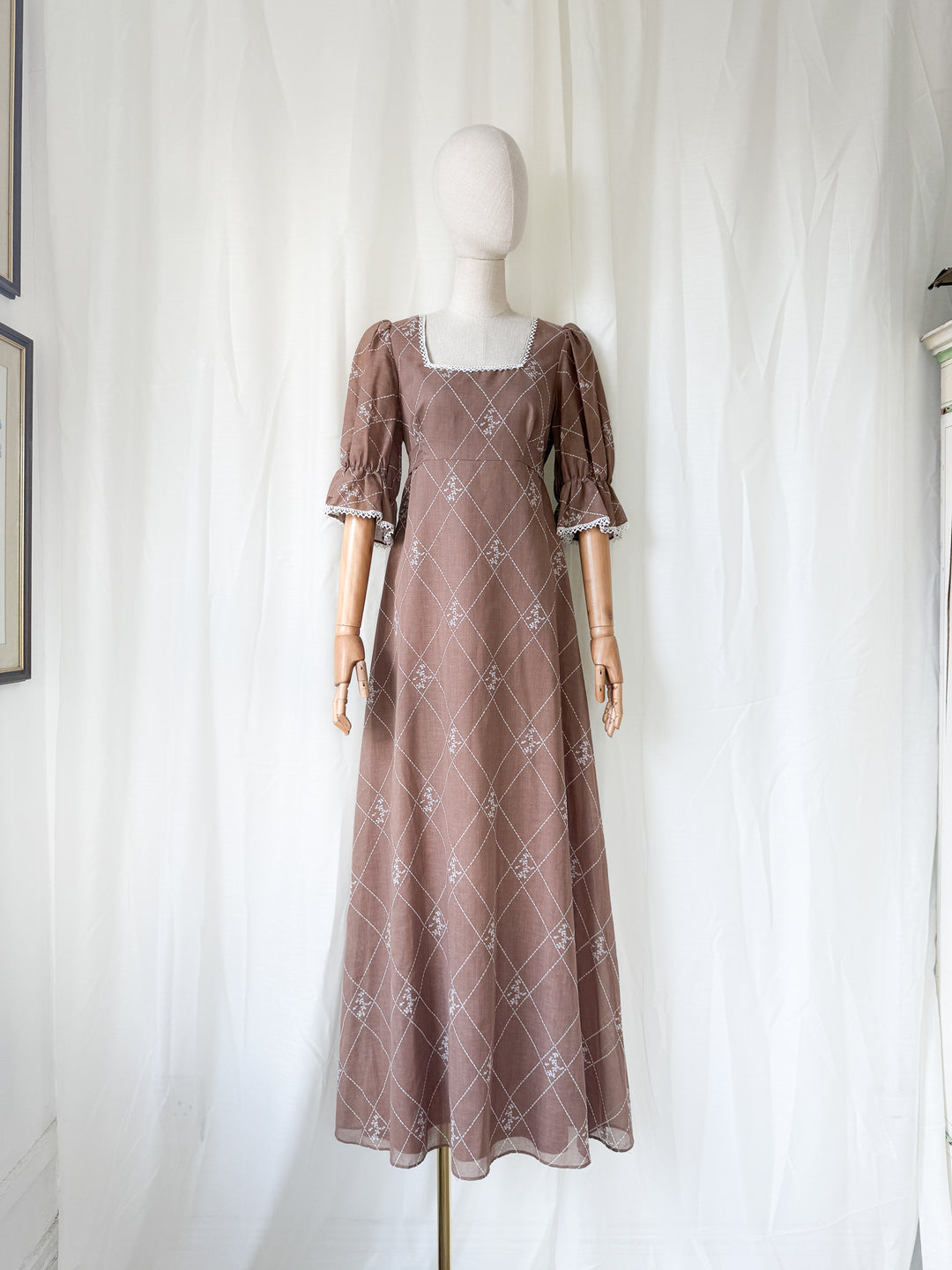 Dreamy 1970s Brown Cotton Maxi Dress