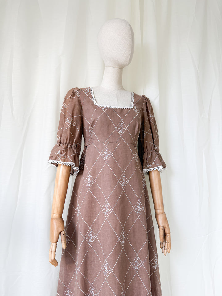 Dreamy 1970s Brown Cotton Maxi Dress