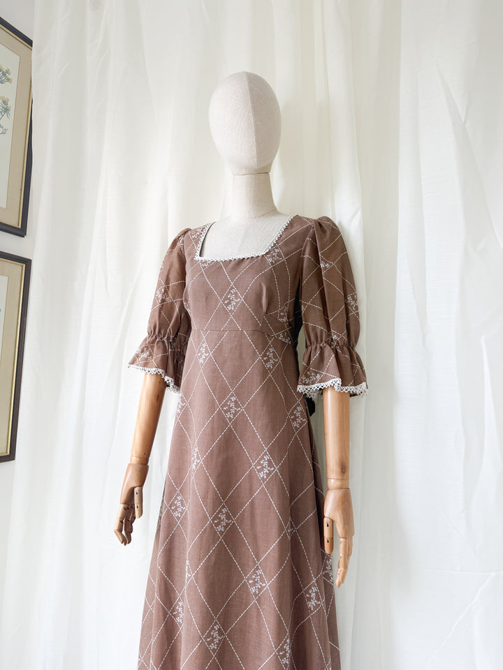 Dreamy 1970s Brown Cotton Maxi Dress