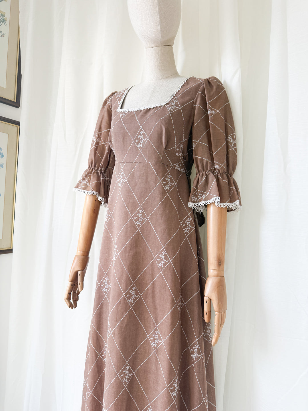 Dreamy 1970s Brown Cotton Maxi Dress