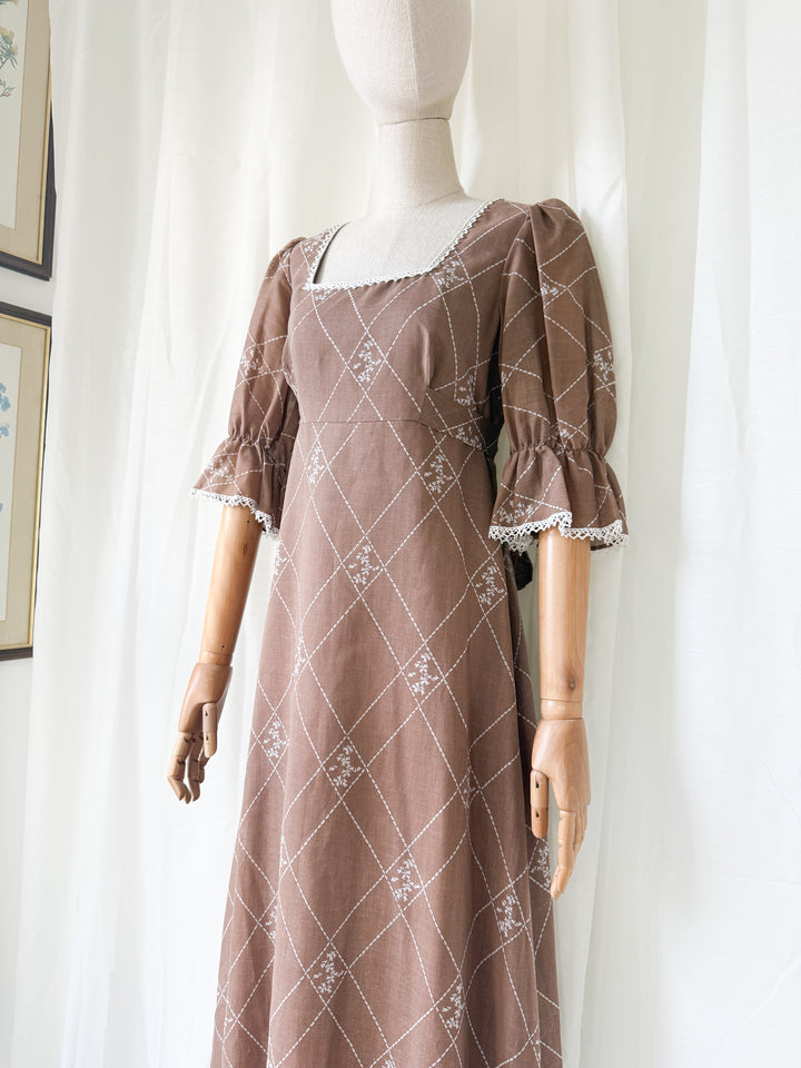 Dreamy 1970s Brown Cotton Maxi Dress