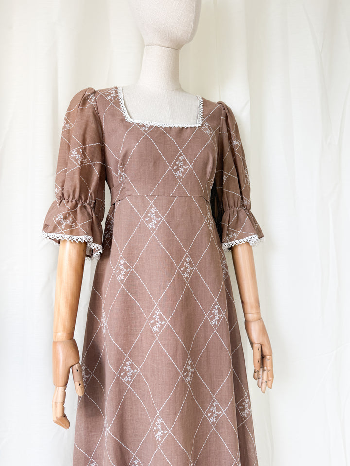 Dreamy 1970s Brown Cotton Maxi Dress
