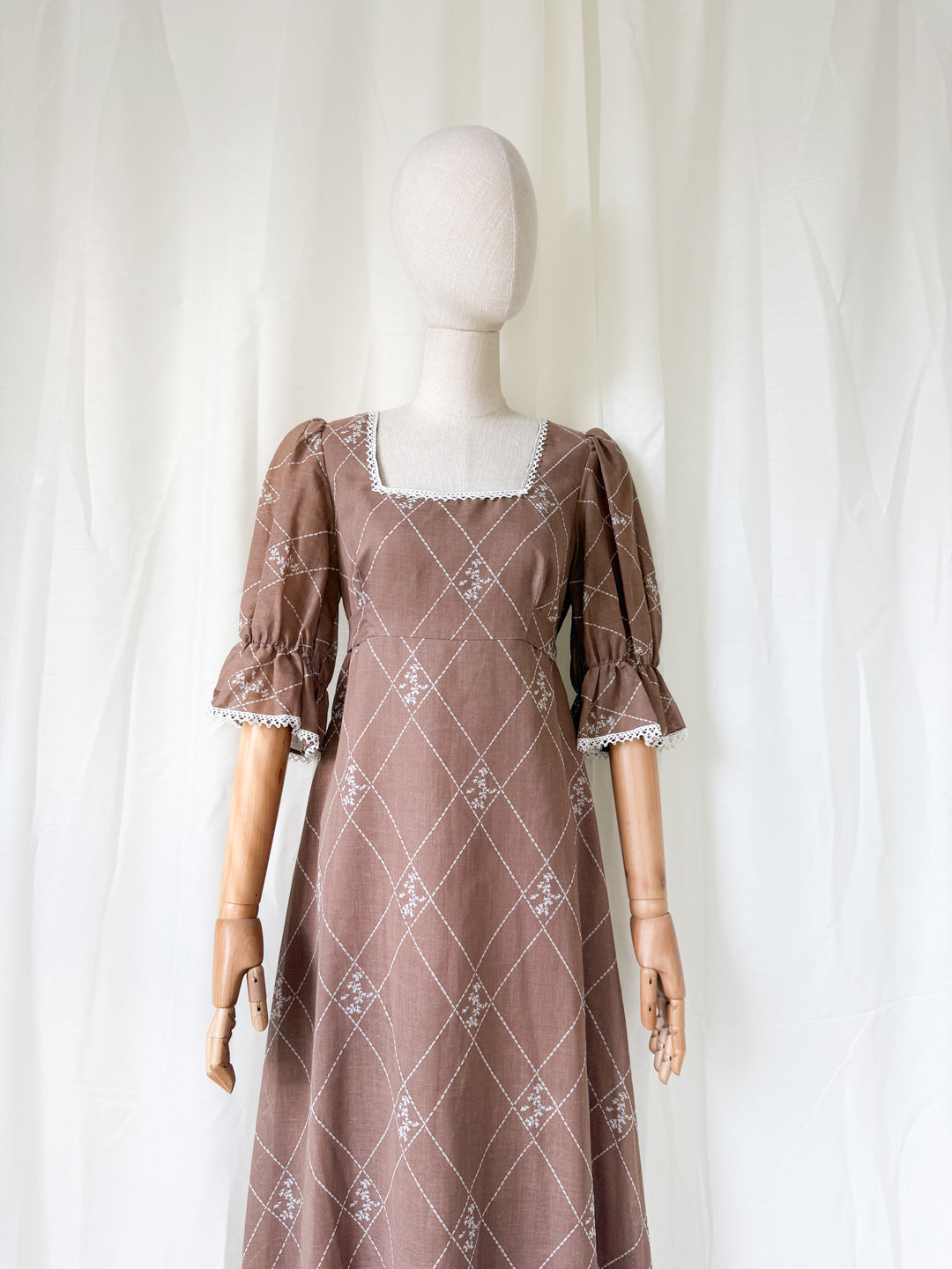 Dreamy 1970s Brown Cotton Maxi Dress