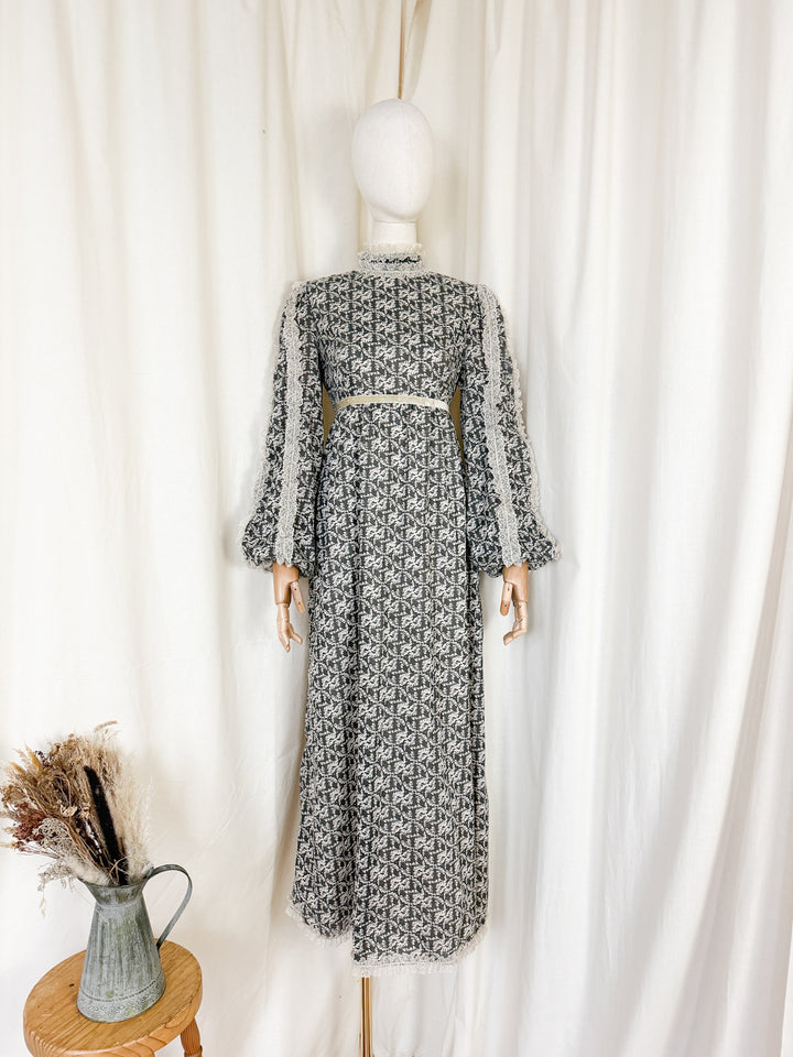 Heavenly 1970s Lace Trimmed Cotton Maxi Dress