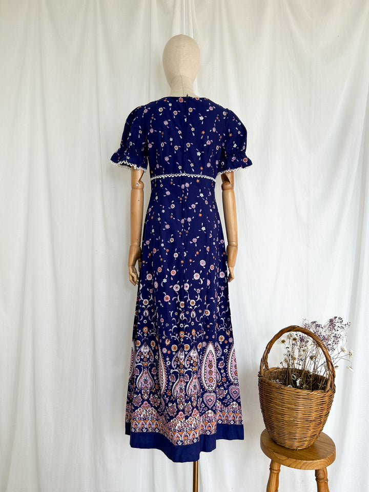Beaut Boho Blue 70s Paisley Cotton Prairie Dress