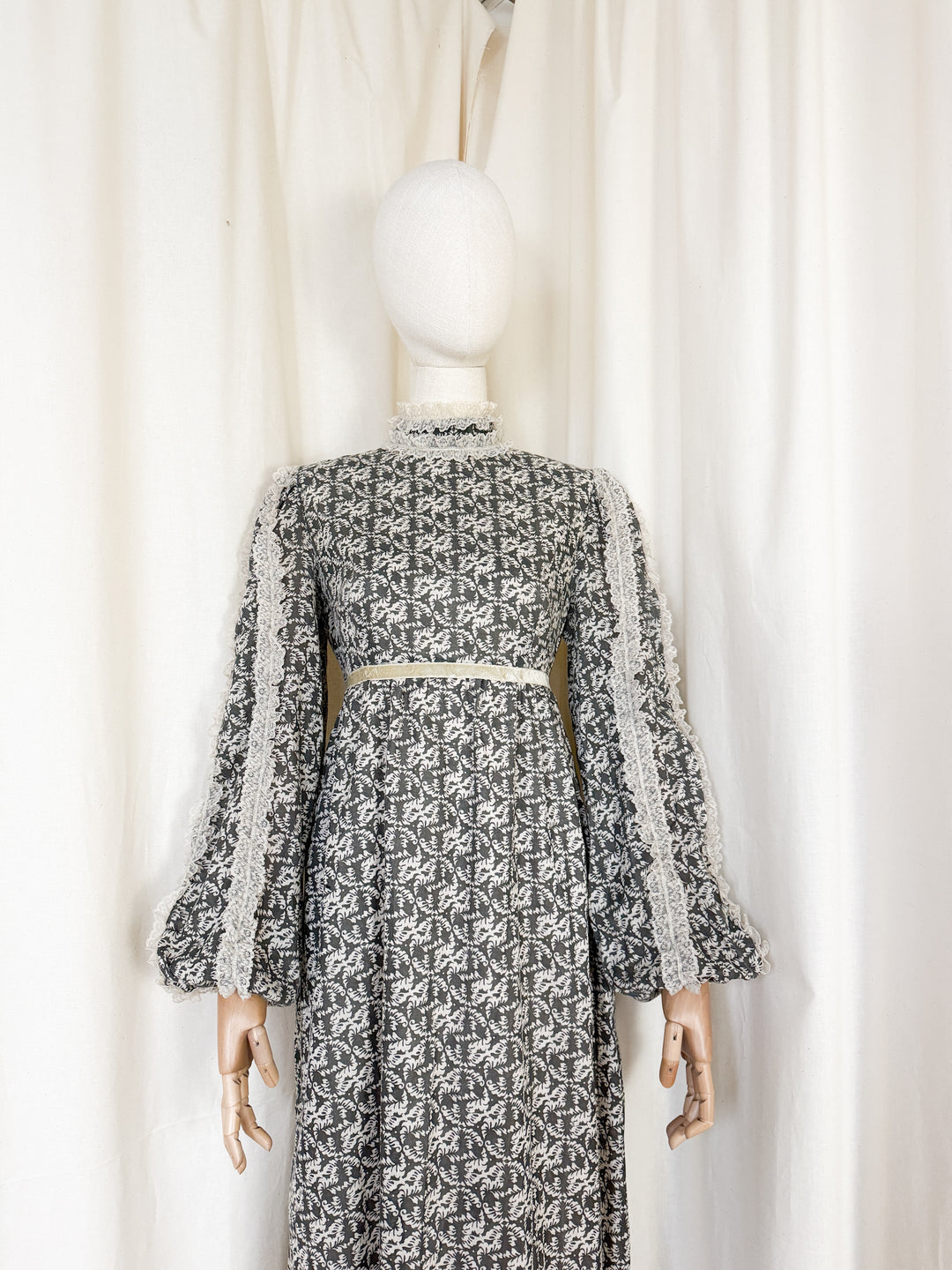 Heavenly 1970s Lace Trimmed Cotton Maxi Dress