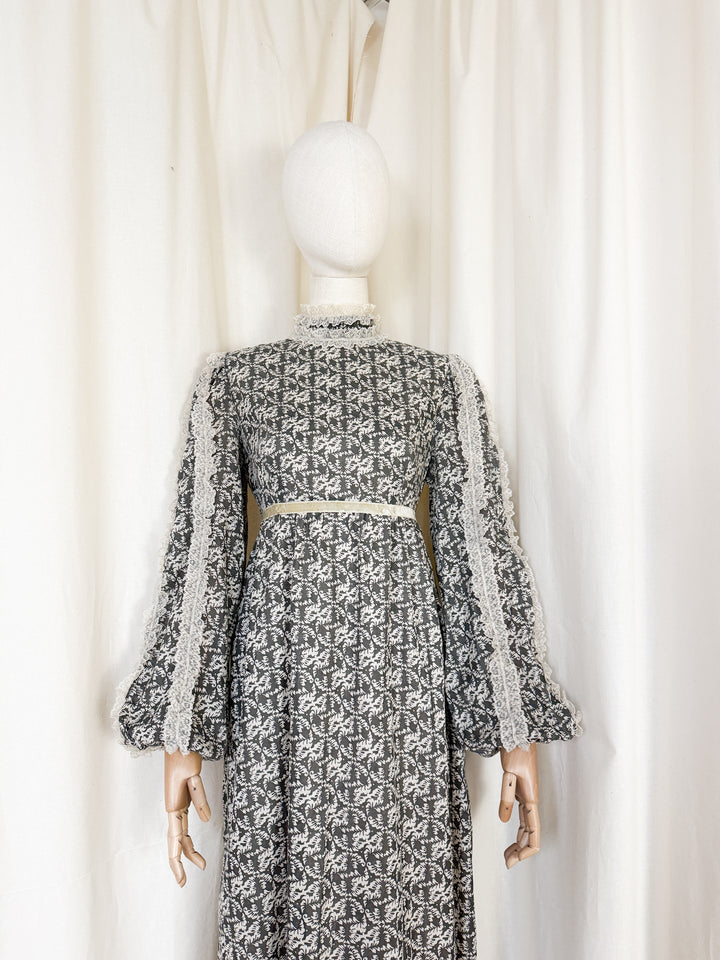 Heavenly 1970s Lace Trimmed Cotton Maxi Dress