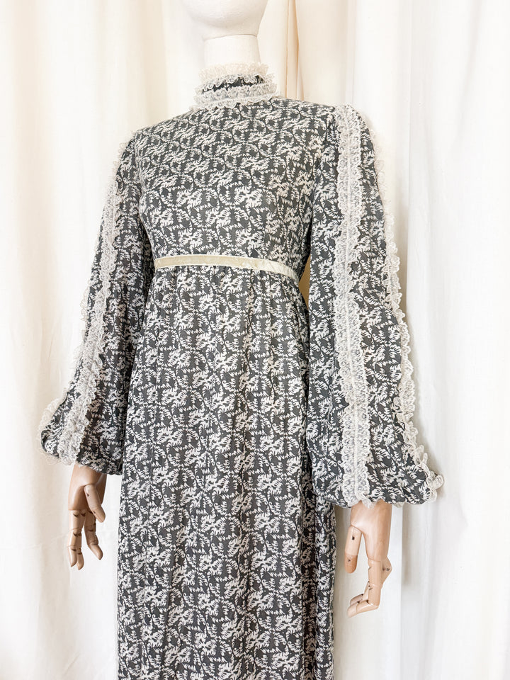 Heavenly 1970s Lace Trimmed Cotton Maxi Dress