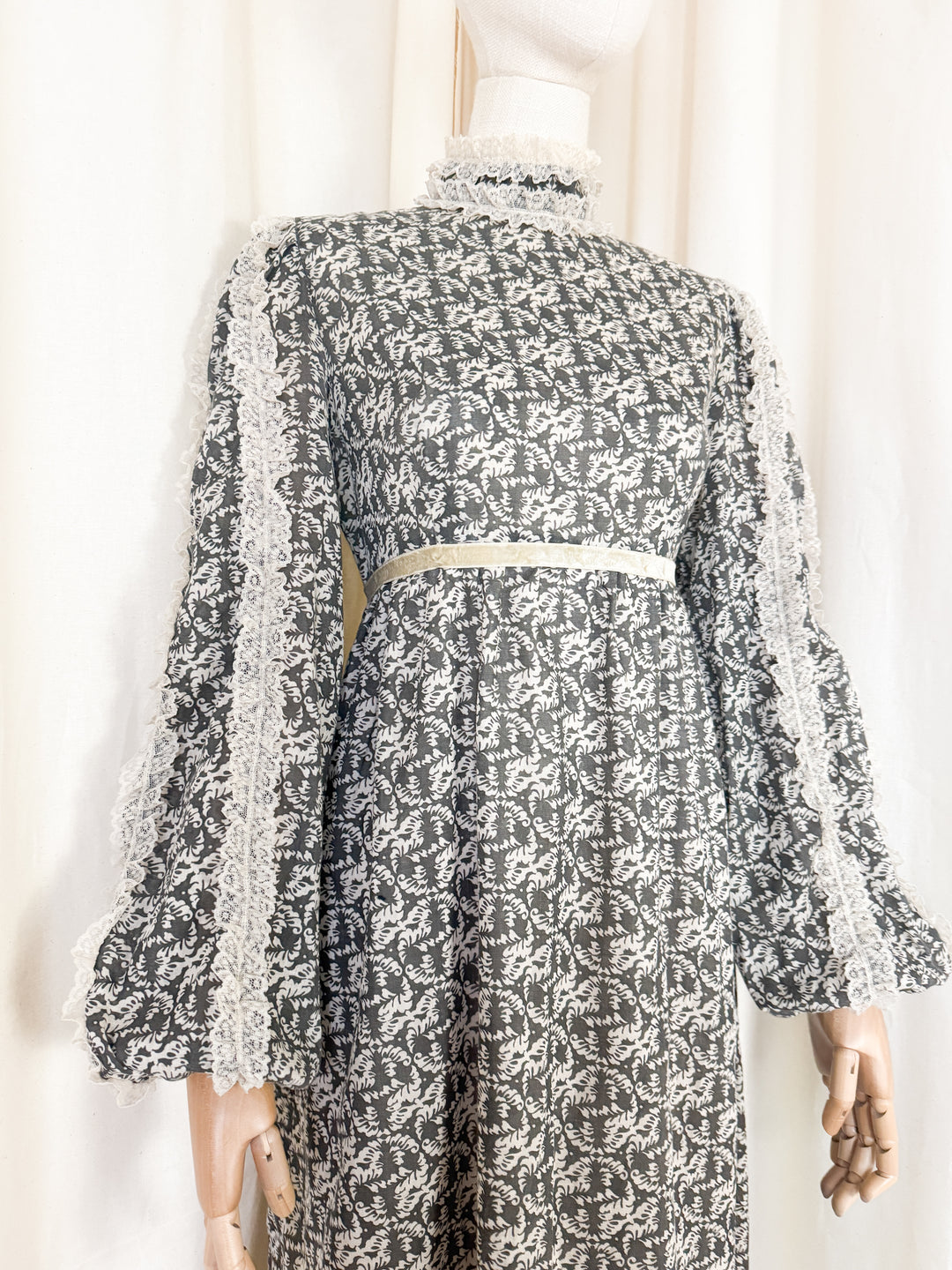 Heavenly 1970s Lace Trimmed Cotton Maxi Dress