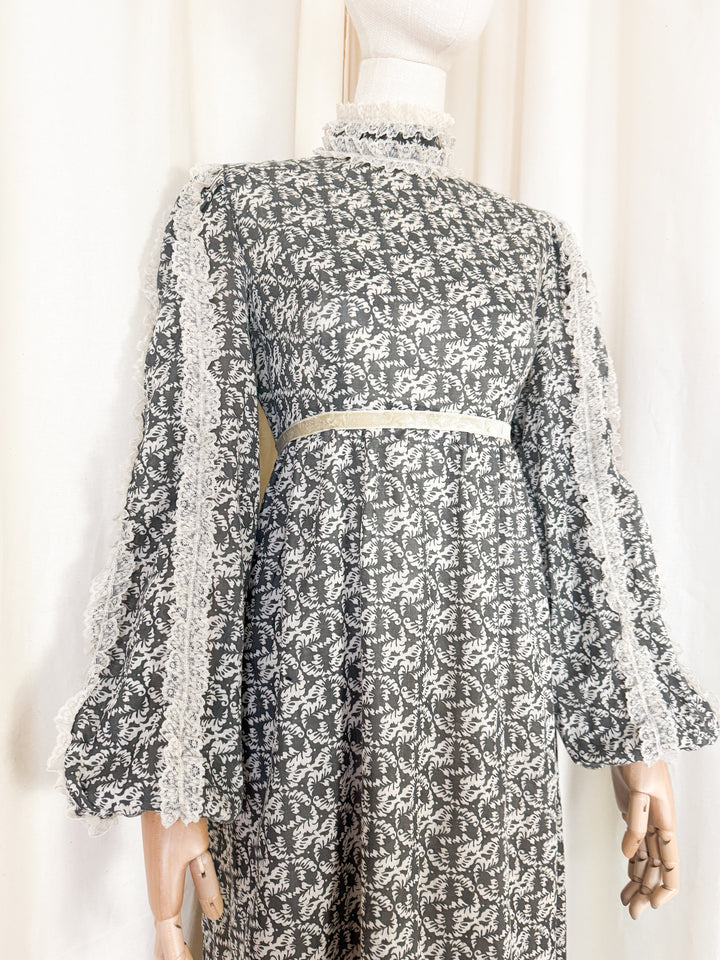 Heavenly 1970s Lace Trimmed Cotton Maxi Dress