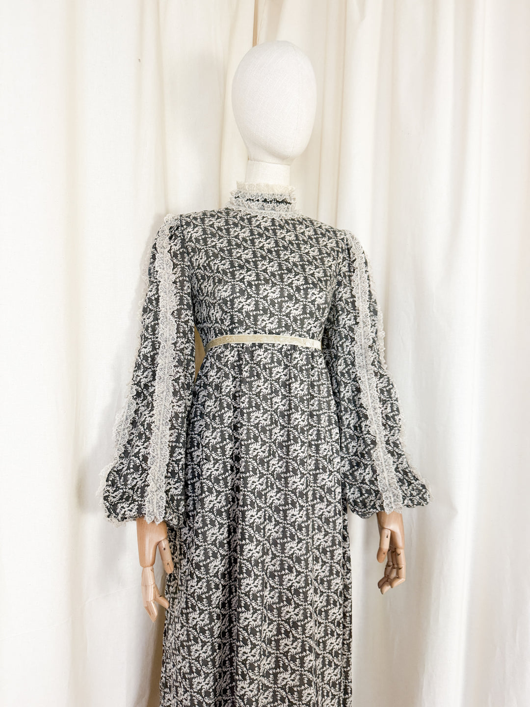 Heavenly 1970s Lace Trimmed Cotton Maxi Dress