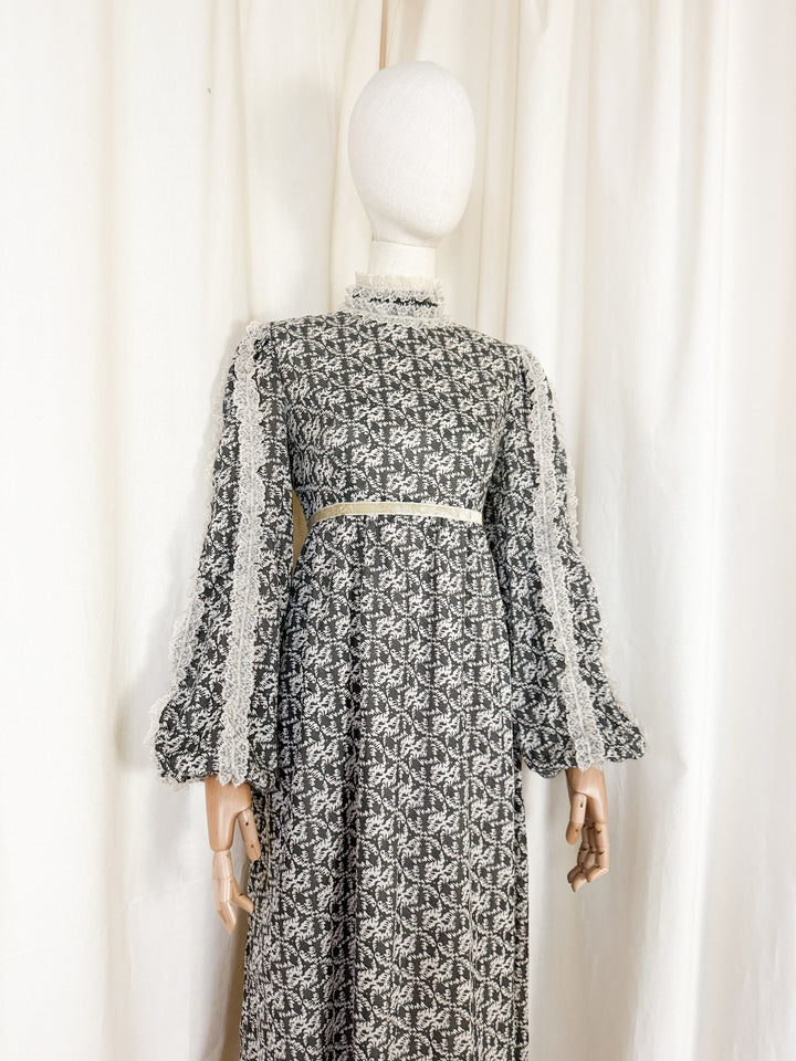 Heavenly 1970s Lace Trimmed Cotton Maxi Dress