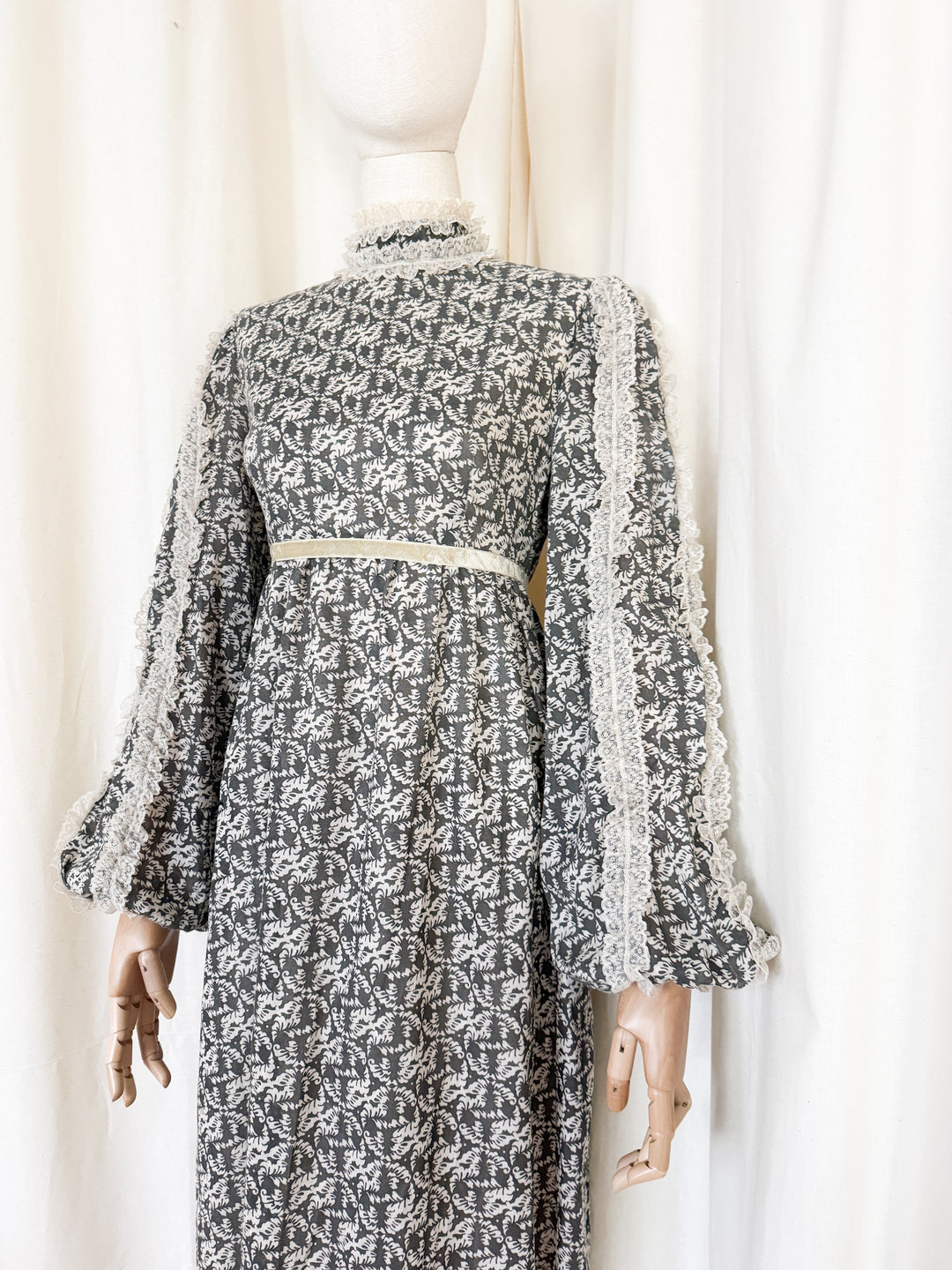 Heavenly 1970s Lace Trimmed Cotton Maxi Dress