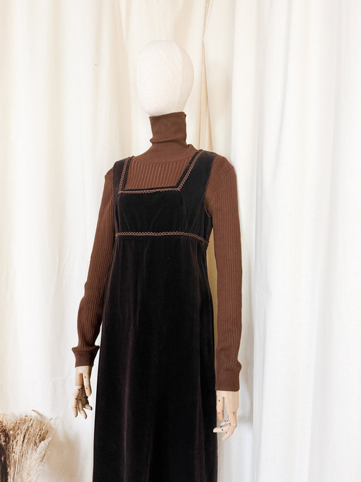 Beautiful Rare 1970s Brown Velvet Marion Donaldson Pinafore Dress