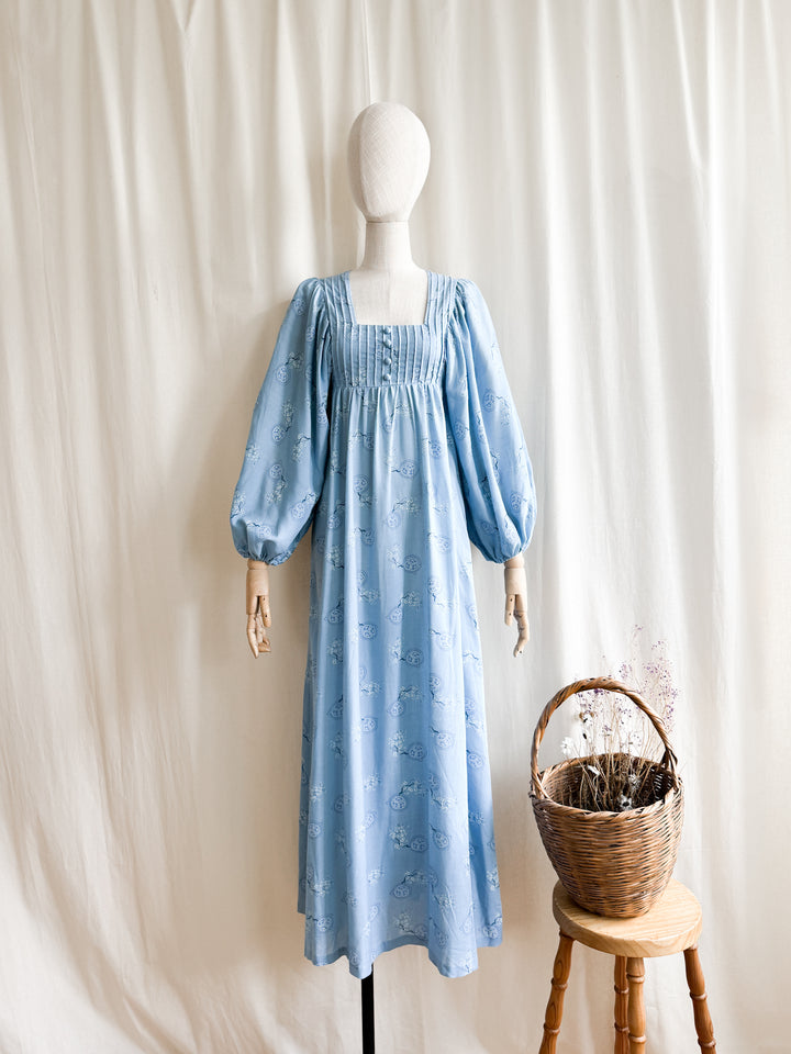 Breathtaking Rare Soft Blue Cotton 70s Balloon Sleeve Dream Dress
