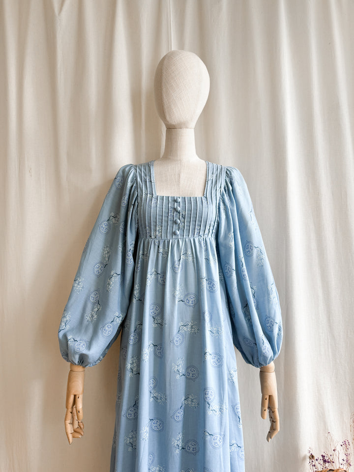 Breathtaking Rare Soft Blue Cotton 70s Balloon Sleeve Dream Dress
