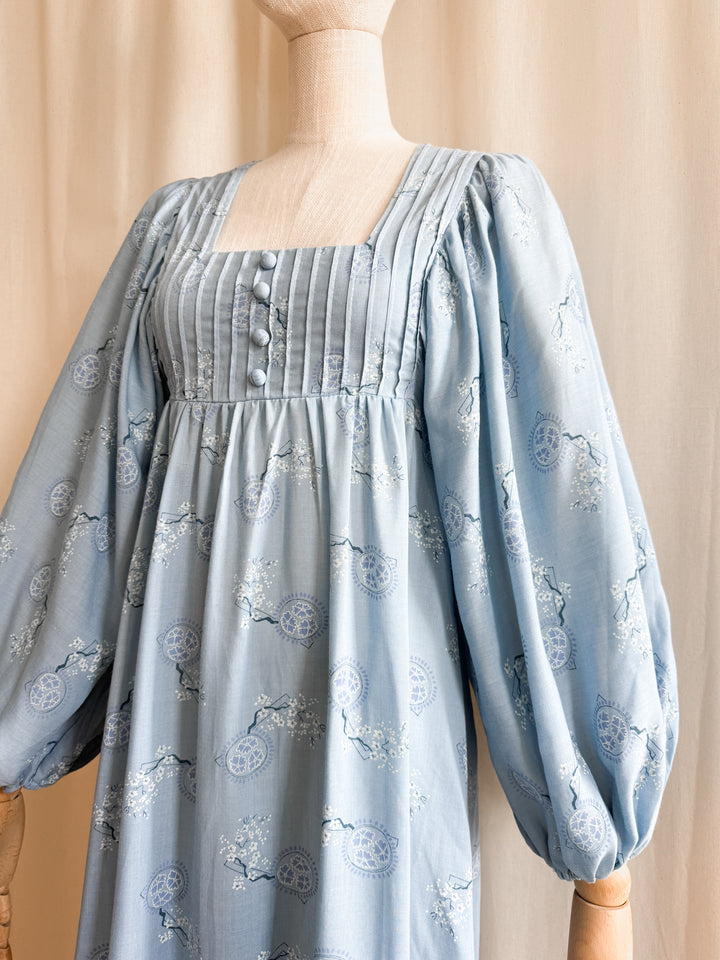Breathtaking Rare Soft Blue Cotton 70s Balloon Sleeve Dream Dress
