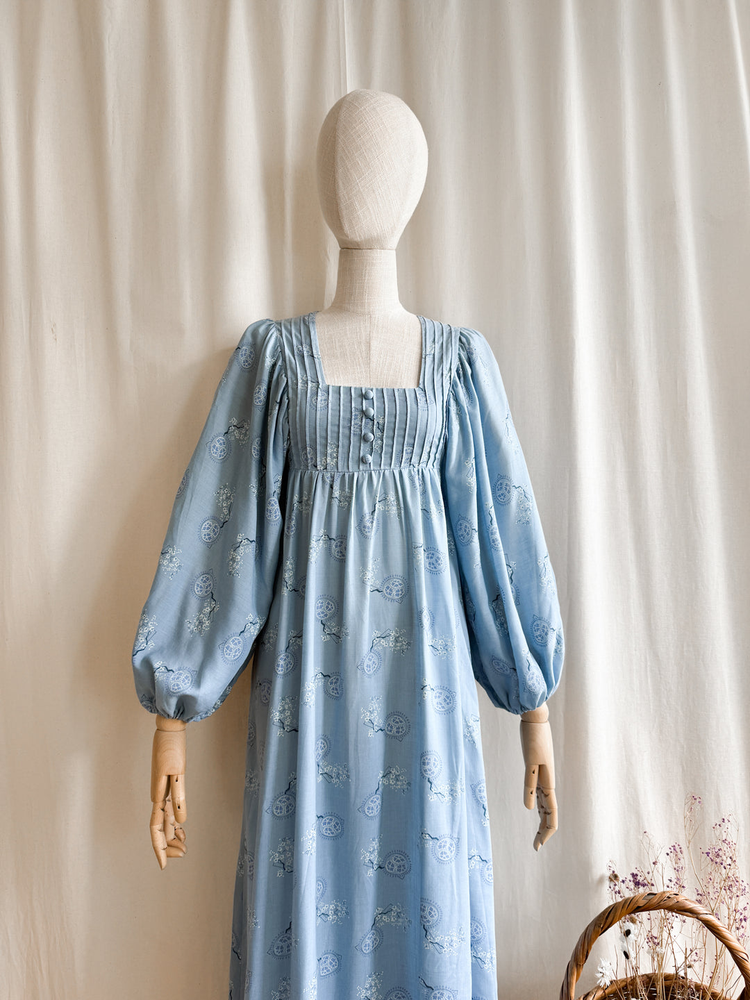 Breathtaking Rare Soft Blue Cotton 70s Balloon Sleeve Dream Dress