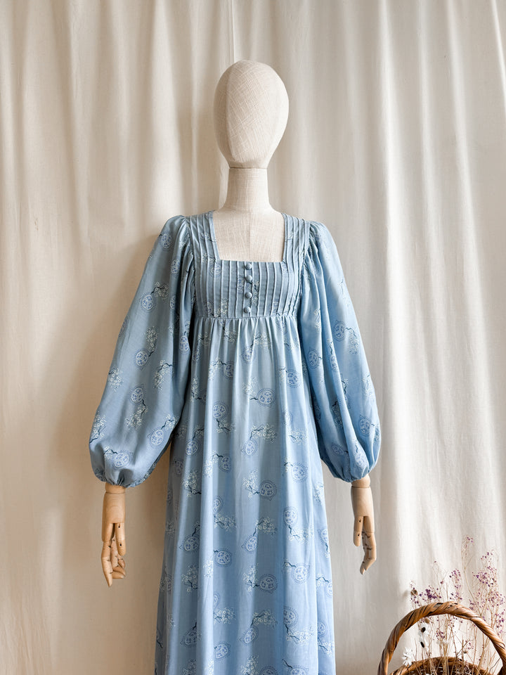 Breathtaking Rare Soft Blue Cotton 70s Balloon Sleeve Dream Dress