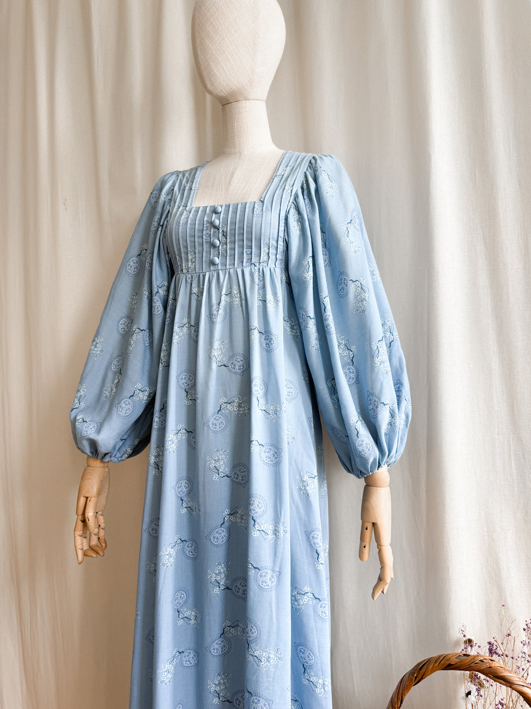 Breathtaking Rare Soft Blue Cotton 70s Balloon Sleeve Dream Dress