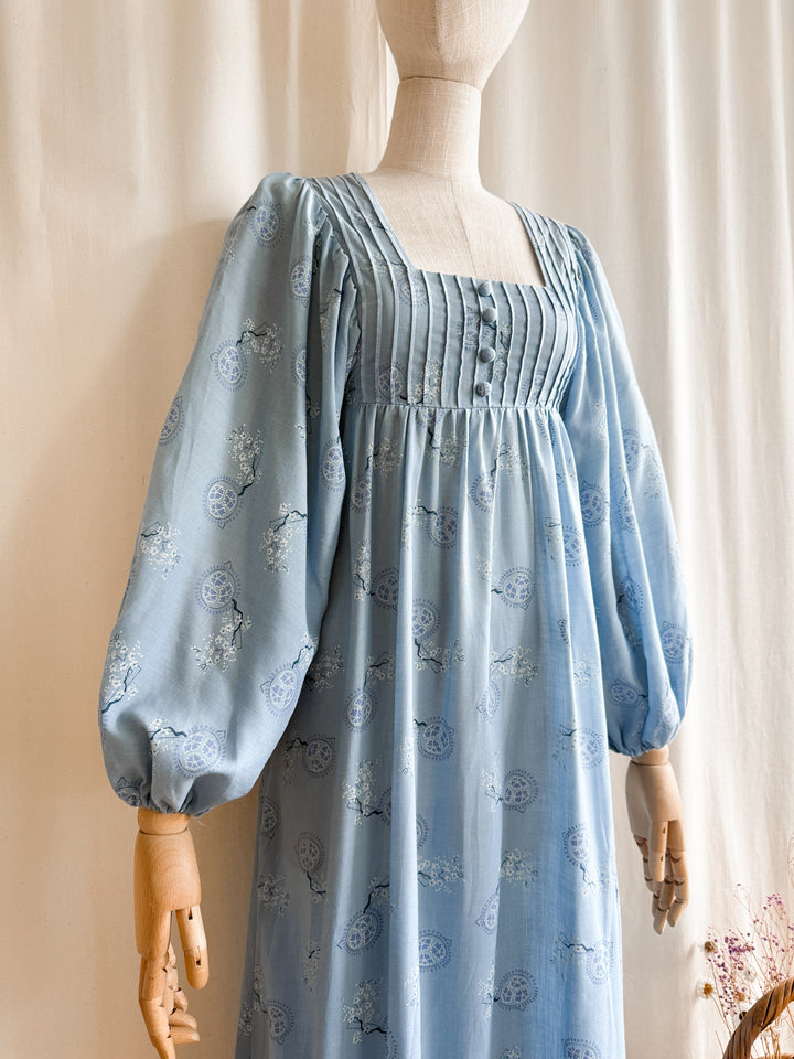 Breathtaking Rare Soft Blue Cotton 70s Balloon Sleeve Dream Dress