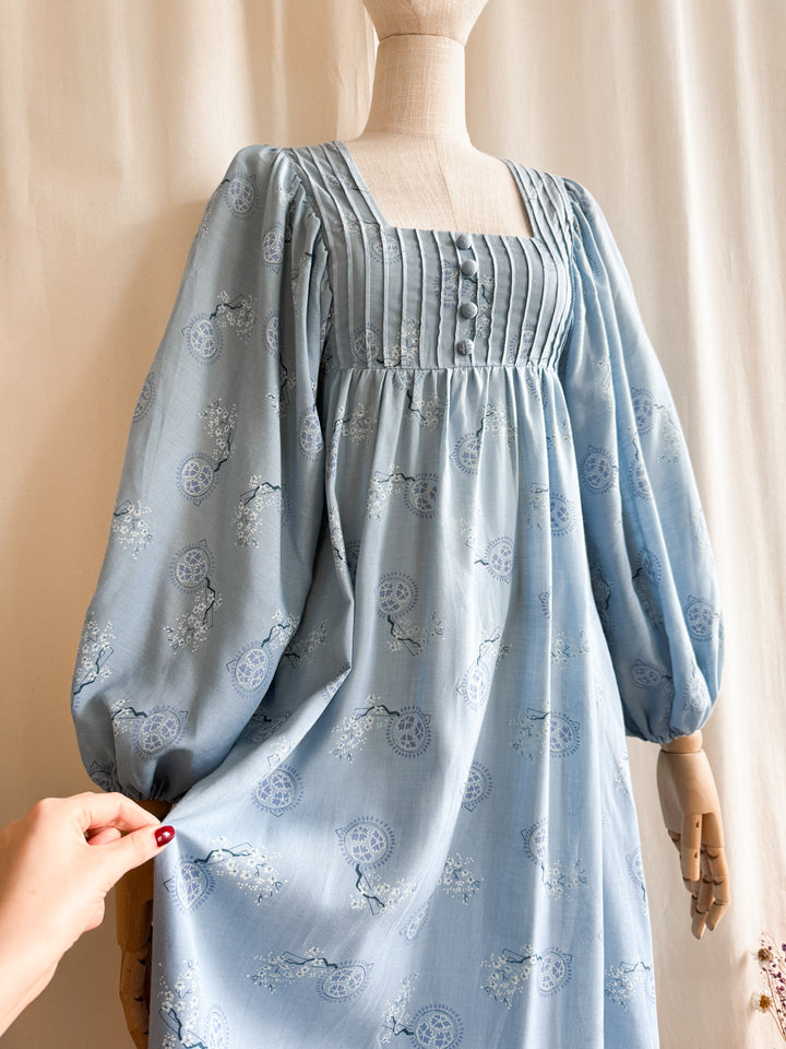 Breathtaking Rare Soft Blue Cotton 70s Balloon Sleeve Dream Dress