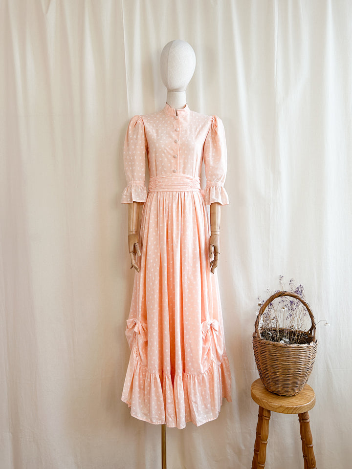 The Risette ~ breathtaking late 70s handmade peach cotton maxi dress