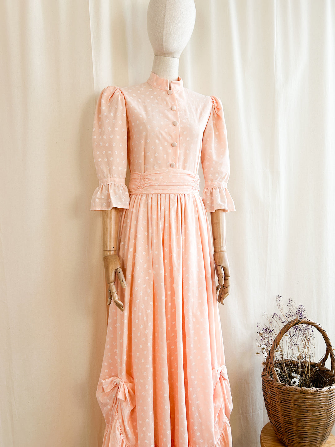 The Risette ~ breathtaking late 70s handmade peach cotton maxi dress