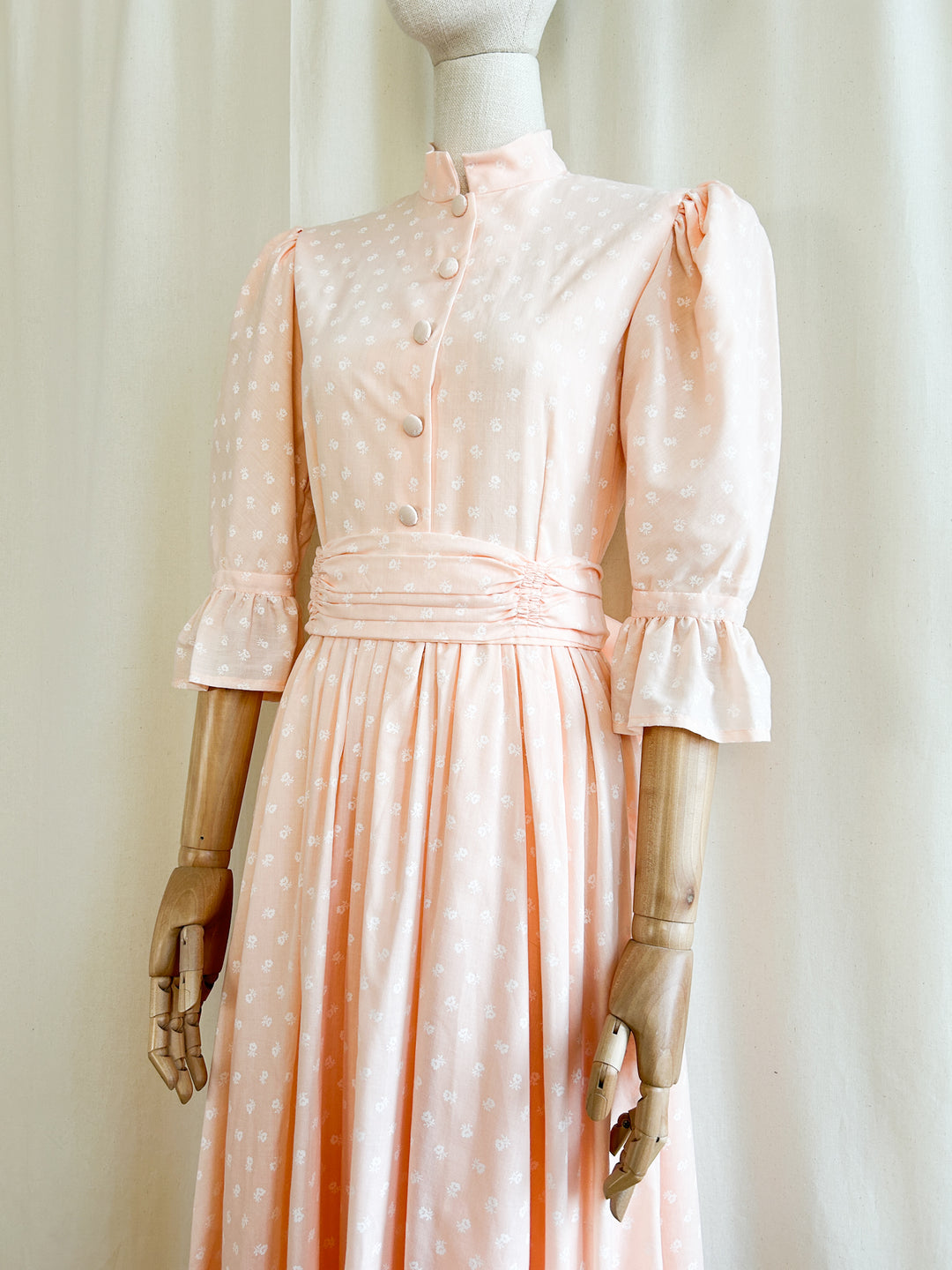 The Risette ~ breathtaking late 70s handmade peach cotton maxi dress