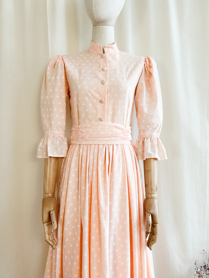 The Risette ~ breathtaking late 70s handmade peach cotton maxi dress