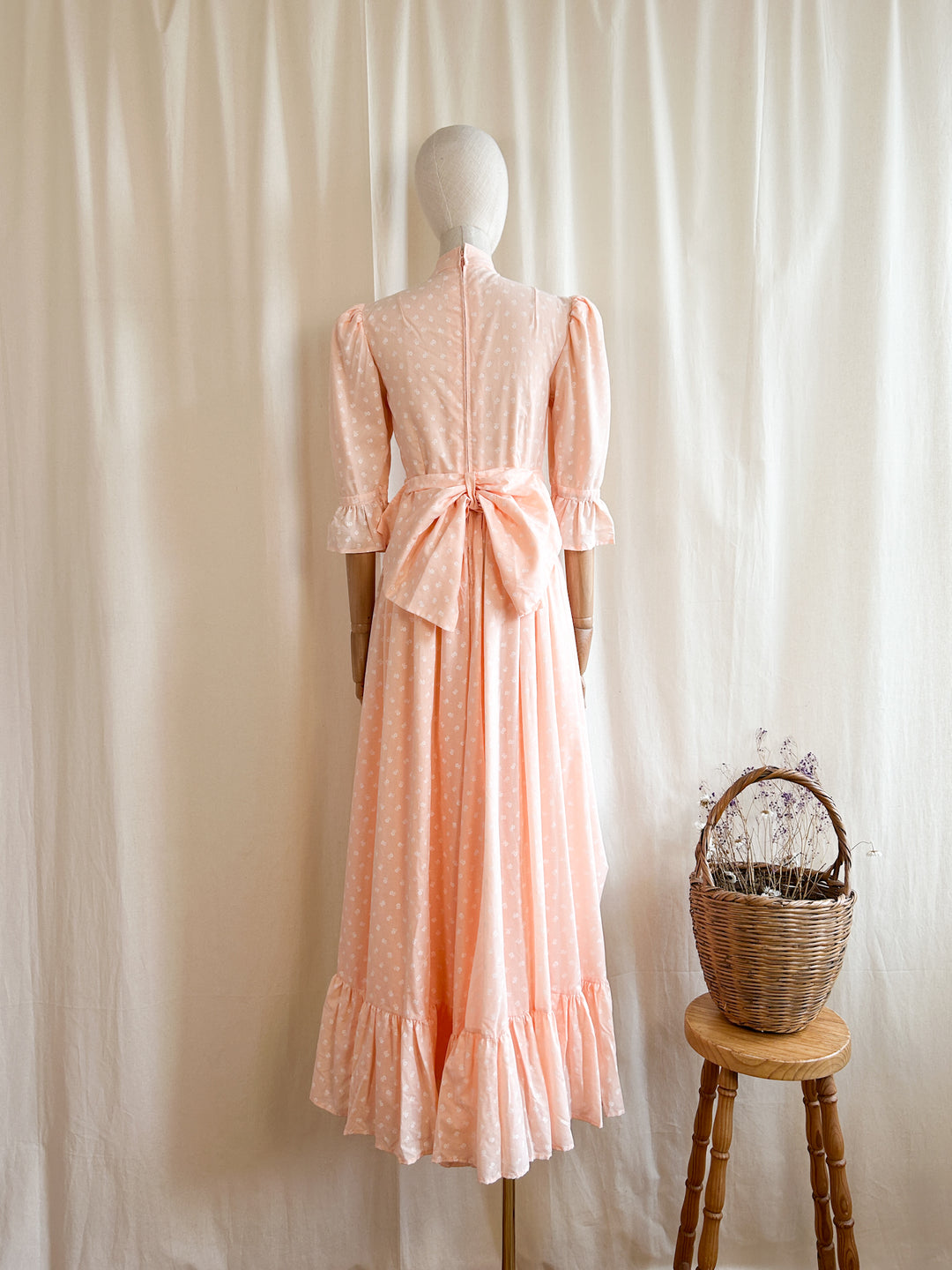 The Risette ~ breathtaking late 70s handmade peach cotton maxi dress