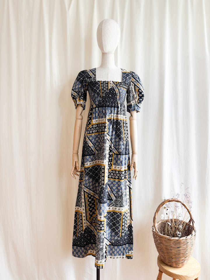 Beautiful 70s Shirred Bust Puff Sleeve Cotton Maxi Dress