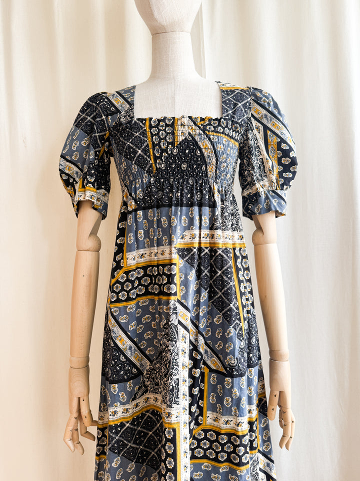 Beautiful 70s Shirred Bust Puff Sleeve Cotton Maxi Dress