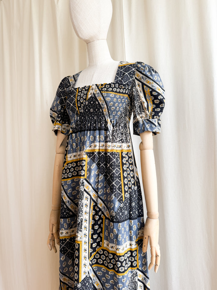 Beautiful 70s Shirred Bust Puff Sleeve Cotton Maxi Dress