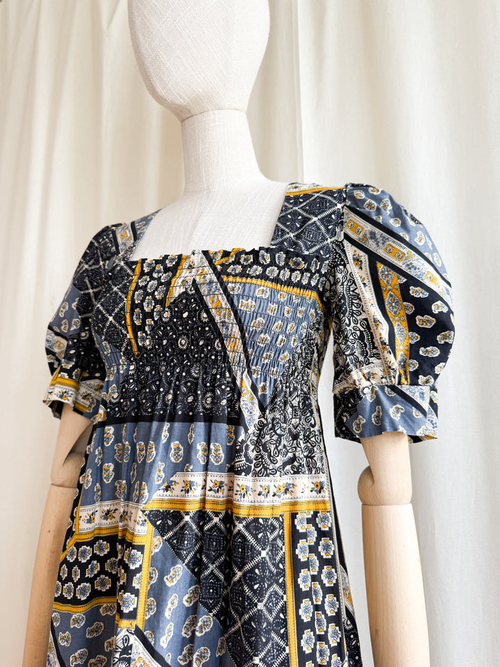 Beautiful 70s Shirred Bust Puff Sleeve Cotton Maxi Dress
