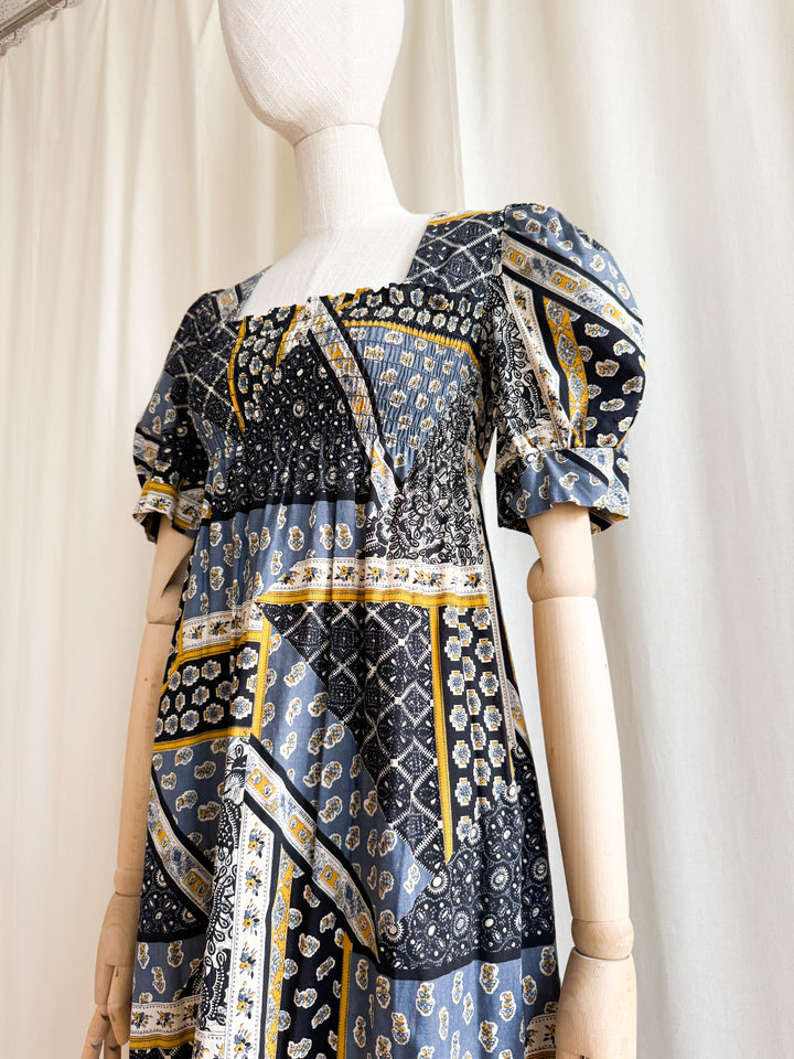 Beautiful 70s Shirred Bust Puff Sleeve Cotton Maxi Dress