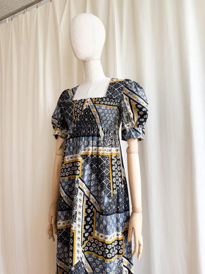Beautiful 70s Shirred Bust Puff Sleeve Cotton Maxi Dress