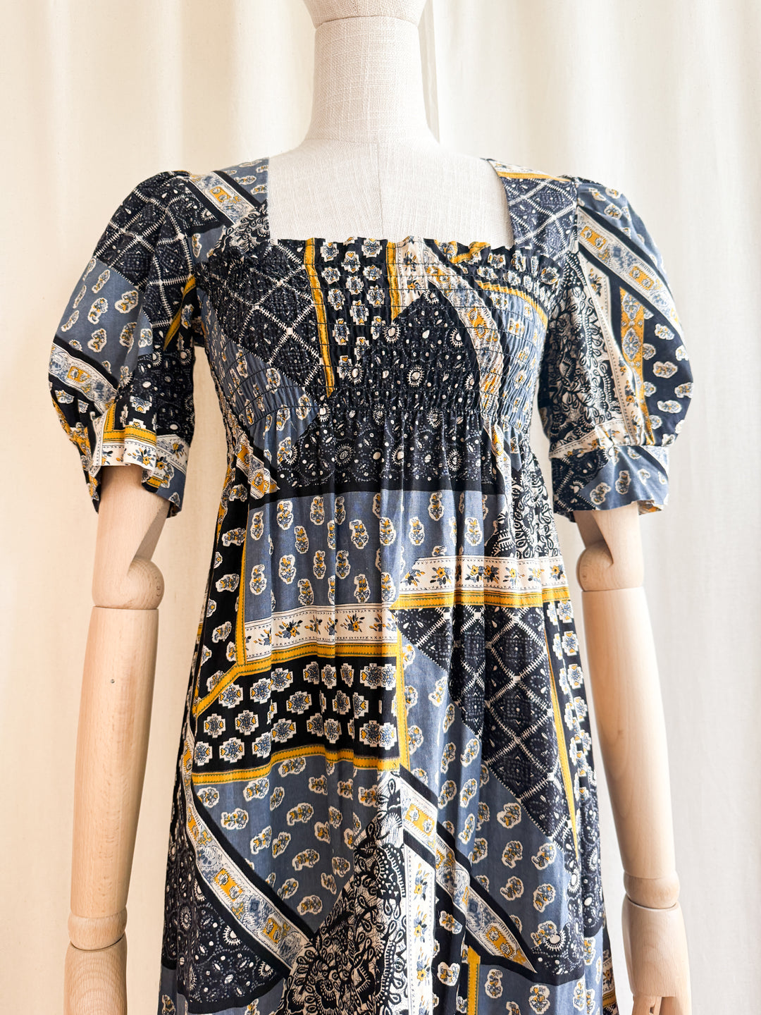 Beautiful 70s Shirred Bust Puff Sleeve Cotton Maxi Dress