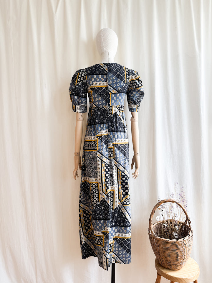 Beautiful 70s Shirred Bust Puff Sleeve Cotton Maxi Dress
