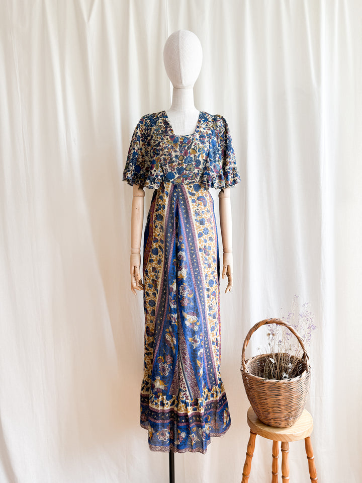 Stunning 70s Flutter Sleeve Animal Print Cotton maxi Dress
