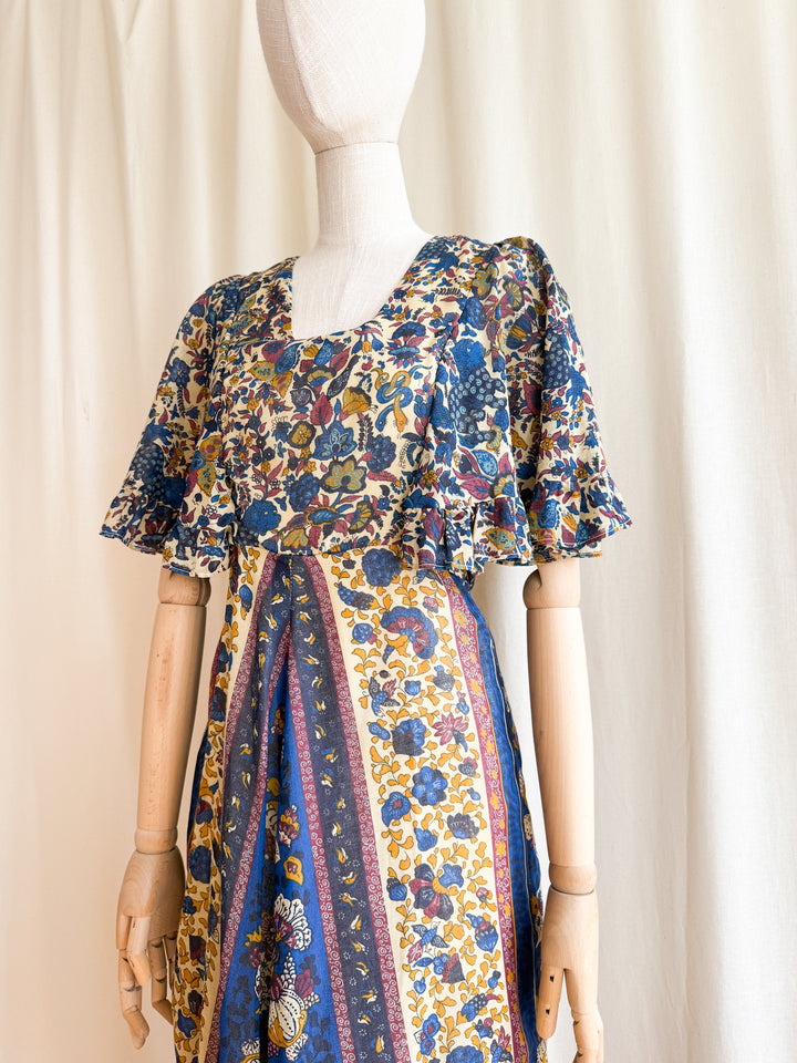 Stunning 70s Flutter Sleeve Animal Print Cotton maxi Dress