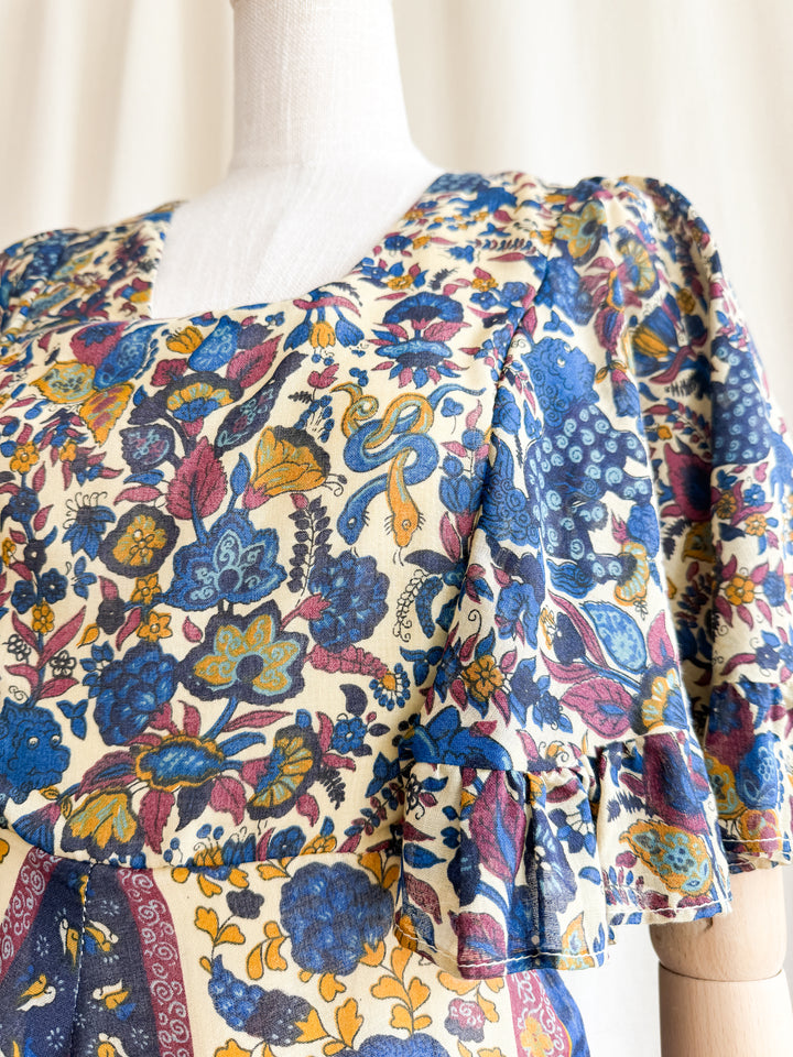 Stunning 70s Flutter Sleeve Animal Print Cotton maxi Dress