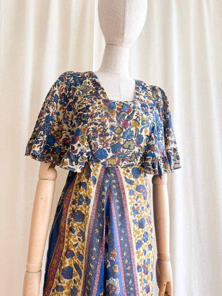 Stunning 70s Flutter Sleeve Animal Print Cotton maxi Dress