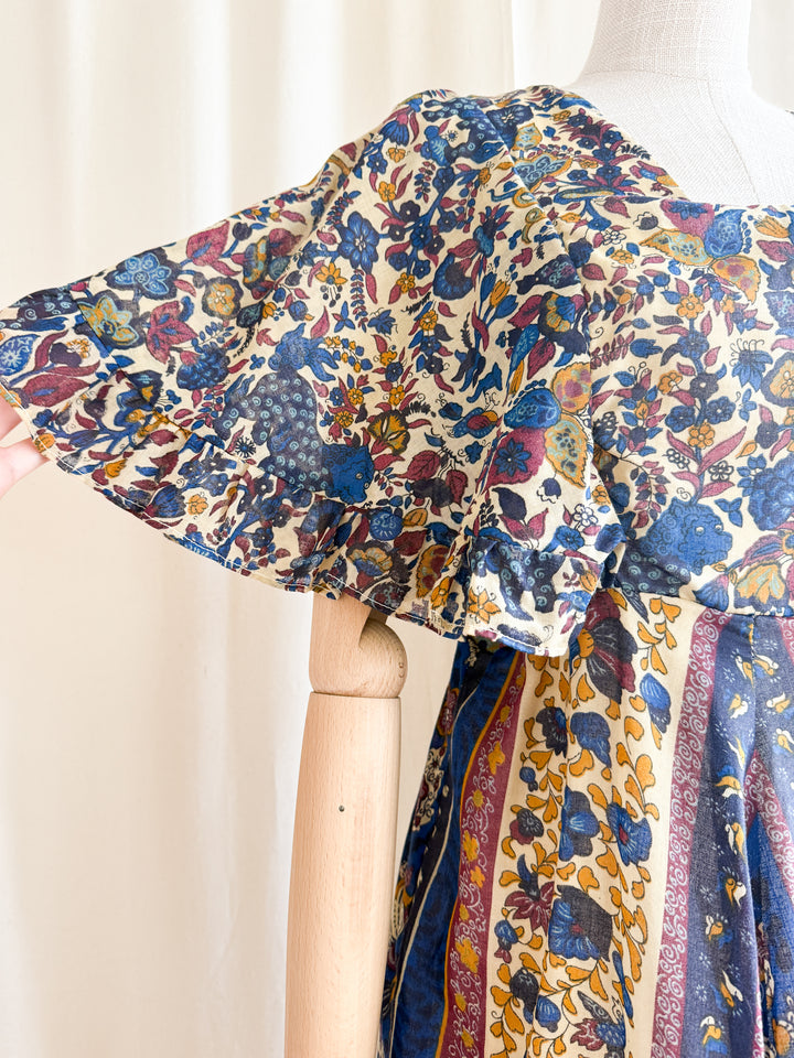 Stunning 70s Flutter Sleeve Animal Print Cotton maxi Dress