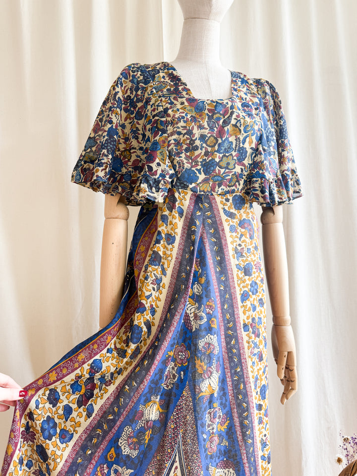 Stunning 70s Flutter Sleeve Animal Print Cotton maxi Dress