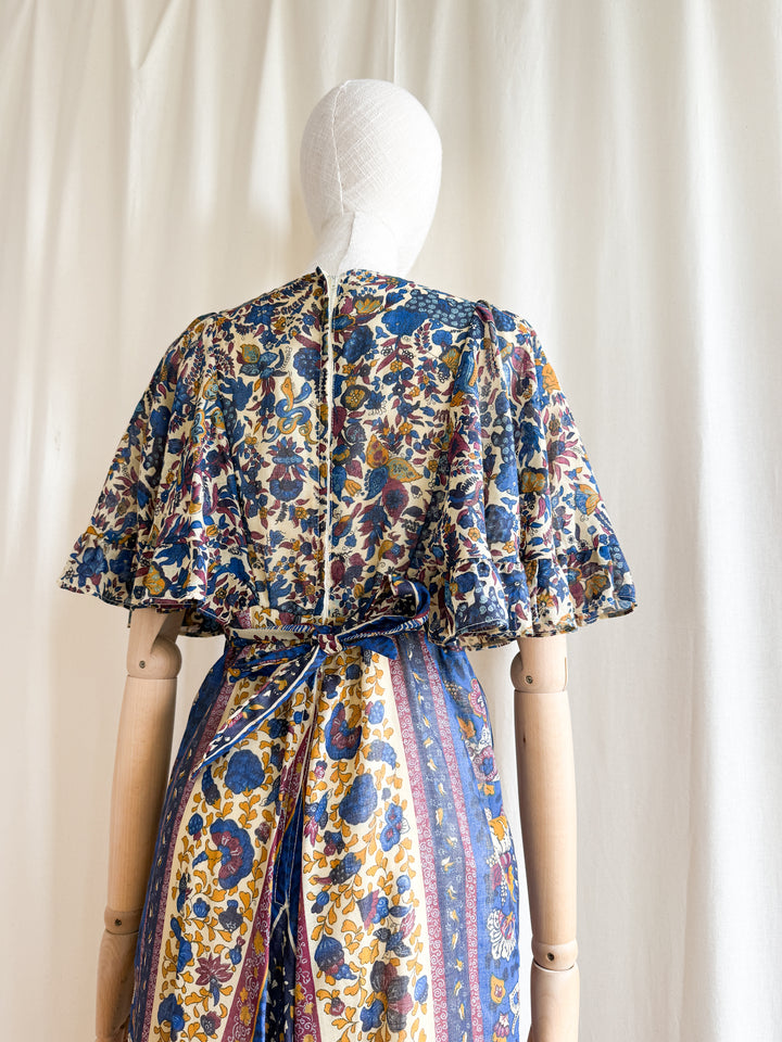 Stunning 70s Flutter Sleeve Animal Print Cotton maxi Dress